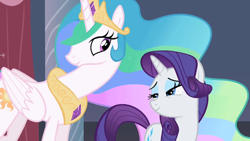 Size: 500x281 | Tagged: safe, screencap, princess celestia, rarity, alicorn, pony, unicorn, sweet and elite, lidded eyes