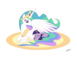 Size: 950x700 | Tagged: safe, artist:runningnorth, princess celestia, twilight sparkle, alicorn, pony, female, filly, filly twilight sparkle, momlestia, sleeping, younger