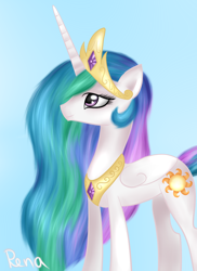 Size: 904x1240 | Tagged: safe, artist:puggie, princess celestia, alicorn, pony, crown, female, horn, mare, multicolored mane, multicolored tail, solo, white coat, white wings, wings