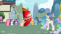 Size: 852x469 | Tagged: safe, edit, edited screencap, screencap, applejack, fluttershy, pinkie pie, princess celestia, rainbow dash, rarity, twilight sparkle, alicorn, earth pony, pegasus, pony, unicorn, keep calm and flutter on, doritos, elements of harmony, taco, taco bell dorito shell