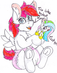 Size: 1082x1397 | Tagged: safe, artist:cuddlelamb, princess celestia, oc, oc:cuddlelamb, alicorn, pegasus, pony, baby, baby pony, blushing, chest fluff, colt, cute, diaper, duo, ear fluff, female, foal, frog (hoof), holding a pony, male, micro, open mouth, simple background, sitting, speech bubble, traditional art, underhoof, white background, younger