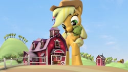 Size: 1280x720 | Tagged: safe, artist:jeroen01, apple bloom, applejack, big macintosh, earth pony, pony, apple siblings, apple sisters, barn, big pony, brother and sister, female, macro, male, ncmares bait, siblings, sisters, sweet apple acres, tree