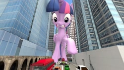 Size: 1920x1080 | Tagged: safe, artist:jeroen01, twilight sparkle, twilight sparkle (alicorn), alicorn, pony, 3d, 3d model, attack on twi-tan, building, car, city, female, giant pony, giantess, looking down, macro, mare, police car, raised hoof, shocked, twizilla, vehicle