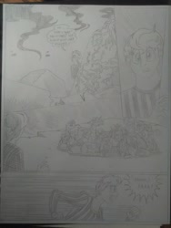 Size: 1944x2592 | Tagged: safe, artist:princebluemoon3, oc, oc:king calm merriment, oc:king righteous authority, oc:king speedy hooves, oc:queen galaxia, oc:queen motherly morning, oc:tommy the human, alicorn, human, pony, comic:the chaos within us, alicorn oc, alicorn princess, black and white, canterlot, canterlot castle, captive, chained, chaos, charging, clothes, comic, commissioner:bigonionbean, confused, crater, dialogue, drawing, dream, female, fusion, fusion:king calm merriment, fusion:king righteous authority, fusion:king speedy hooves, fusion:queen galaxia, fusion:queen motherly morning, grayscale, herd, human oc, husband and wife, macro, magic, male, monochrome, night, nightmare, prisoner, royal family, rubble, running, shocked, talking to himself, throne room, traditional art, unknown pony, writer:bigonionbean