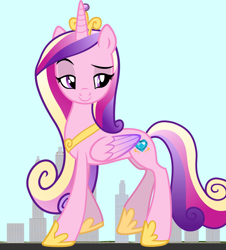 Size: 3583x3956 | Tagged: safe, artist:jerryakiraclassics19, artist:oceanrailroader, artist:rustle-rose, princess cadance, alicorn, pony, beautiful, building, city, colored wings, crown, female, folded wings, giant pony, giantess, hoof shoes, jewelry, lidded eyes, macro, mare, mega giant, multicolored hair, multicolored tail, multicolored wings, raised eyebrow, raised hoof, regalia, smiling, smirk, solo, walking