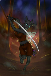 Size: 1280x1920 | Tagged: safe, artist:nikameowbb, derpibooru import, alicorn, anthro, changeling, pony, armor, fantasy class, fire, futa, intersex, mare, solo, sword, warrior, weapon