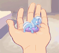 Size: 2000x1800 | Tagged: safe, artist:chapaghettii, edit, trixie, human, pony, unicorn, cushion, cute, diatrixes, disembodied hand, female, hand, in goliath's palm, mare, micro, no pupils, open mouth, prone, smiling, tiny, tiny ponies