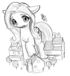 Size: 489x531 | Tagged: safe, artist:alloyrabbit, fluttershy, pegasus, pony, female, giant pony, giantess, houses, macro, mare, monochrome, raised hoof, tree