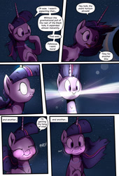 Size: 1920x2816 | Tagged: safe, artist:shieltar, part of a series, part of a set, twilight sparkle, pony, unicorn, comic:giant twilight, black hole, comic, cute, dialogue, explosion, female, giant pony, giantess, glowing eyes, horn, jewelry, macro, magic, mare, necklace, open mouth, pony bigger than a planet, pony bigger than a solar system, pony bigger than a star, size difference, solo, space, stars, twiabetes