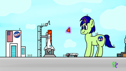 Size: 1366x768 | Tagged: safe, artist:raulixevergreen, oc, oc only, oc:kosmos, pony, unicorn, giant pony, macro, magic, male, nasa, rocket, spaceship, stallion