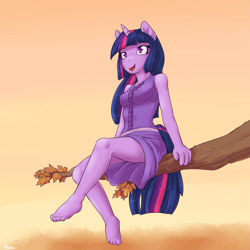 Size: 1875x1875 | Tagged: safe, artist:alasou, derpibooru import, twilight sparkle, anthro, plantigrade anthro, barefoot, breasts, clothes, cute, feet, female, legs, looking up, open mouth, sitting, skirt, skirt lift, smiling, solo, tree branch