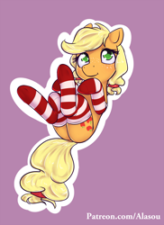 Size: 1200x1650 | Tagged: safe, artist:alasou, derpibooru import, applejack, earth pony, pony, alternate hairstyle, blushing, clothes, cute, freckles, jackabetes, legs in air, looking up, patreon, simple background, smiling, socks, solo, striped socks, underhoof