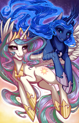 Size: 712x1100 | Tagged: safe, artist:inkfall, princess celestia, princess luna, alicorn, pony, duo, female, flying, mare, open mouth, royal sisters, smiling