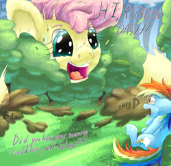 Size: 2020x1966 | Tagged: safe, artist:firefanatic, fluttershy, rainbow dash, pegasus, pony, :3, big ears, big grin, cute, destruction, dialogue, dust cloud, female, fluffy, frightened, giantess, grin, macro, messy mane, nostrils, onomatopoeia, scared, shocked, size difference, smiling, sound effects, startled, tree