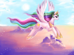 Size: 700x525 | Tagged: safe, artist:sukesha-ray, princess celestia, alicorn, pony, female, flying, horn, mare, multicolored mane, solo, white coat