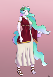 Size: 1300x1900 | Tagged: safe, artist:alasou, derpibooru import, princess celestia, anthro, plantigrade anthro, breasts, cleavage, clothes, empress, female, princess breastia, sandals, solo