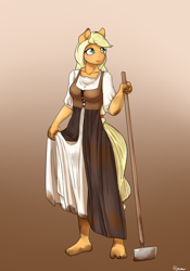 Size: 1400x2000 | Tagged: safe, artist:alasou, derpibooru import, applejack, anthro, plantigrade anthro, barefoot, breasts, clothes, feet, female, gradient background, hoe, signature, smiling, solo