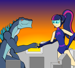 Size: 1000x900 | Tagged: safe, artist:kristaoconnors, sci-twi, twilight sparkle, human, kaiju, female, giantess, godzilla (1998), godzilla (series), godzilla (tristar), handshake, humanized, macro, magic gaia, superhero, zilla