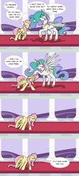 Size: 800x1773 | Tagged: safe, artist:crowneprince, fluttershy, princess celestia, alicorn, pegasus, pony, comic, condescending, dialogue, i'm a year older than you, implied immortality, old, speech bubble, spread wings, wings