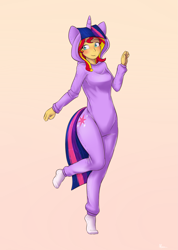 Size: 1425x2000 | Tagged: safe, artist:alasou, derpibooru import, sunset shimmer, equestria girls, blushing, clothes, costume, cute, female, gradient background, kigurumi, looking at you, pajamas, raised leg, shimmerbetes, simple background, smiling, socks, solo