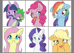 Size: 1984x1417 | Tagged: safe, artist:alasou, derpibooru import, applejack, fluttershy, pinkie pie, rainbow dash, rarity, spike, twilight sparkle, dragon, earth pony, pegasus, pony, unicorn, bucktooth, cute, derp, facial hair, faic, funny face, lip bite, looking at you, mane six, moustache, open mouth, puffy cheeks, silly, silly face, silly pony, simple background, tongue out, wall eyed