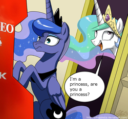 Size: 750x700 | Tagged: safe, artist:johnjoseco, princess celestia, princess luna, alicorn, pony, crown, detailed background, dialogue, door, duo, duo female, exploitable meme, female, females only, gamer luna, horn, i'm a princess are you a princess too?, jewelry, mare, meme, multicolored mane, neo geo, neo geo celestia, open mouth, purple coat, regalia, royal sisters, siblings, signature, sisters, sitting, smiling, speech bubble, talking to each other, two toned mane, two toned tail, white coat, wings