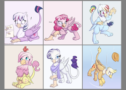 Size: 1984x1417 | Tagged: safe, artist:alasou, derpibooru import, applejack, fluttershy, pinkie pie, rainbow dash, rarity, twilight sparkle, bird, fish, griffon, :t, behaving like a cat, belly button, bipedal, chasing own tail, chest fluff, claws, clothes, colored pupils, cute, dashabetes, diapinkes, falling, flying, frown, glare, griffonized, hat, hissing, jackabetes, leg fluff, lidded eyes, looking at you, looking back, looking up, mane six, my little x, open mouth, paper, playing, prone, puffy cheeks, rainbow griffon, raised hoof, raised leg, raribetes, rubber, scared, scarf, shocked, shyabetes, simple background, sitting, smiling, sparkles, species swap, tail wag, twiabetes, wide eyes