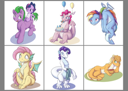 Size: 1984x1417 | Tagged: safe, artist:alasou, derpibooru import, applejack, fluttershy, pinkie pie, rainbow dash, rarity, spike, twilight sparkle, dragon, pony, apple, balloon, blank flank, cake, dragonified, dragonjack, dragons riding ponies, existential crisis, flutterdragon, flying, food, hat, looking at you, mane six, mouth hold, my little x, pinkiedragon, ponified, ponified spike, rainbow dragon, raridragon, riding, role reversal, simple background, species swap, twilidragon, wide eyes