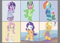 Size: 1984x1417 | Tagged: safe, artist:alasou, derpibooru import, applejack, fluttershy, gummy, pinkie pie, rainbow dash, rarity, spike, tank, twilight sparkle, twilight sparkle (alicorn), alicorn, anthro, dragon, tortoise, bed, book, breasts, bunny slippers, chibi, clothes, coffee mug, costume, cute, delicious flat chest, eyes closed, flattershy, floppy ears, frown, implied lesbian, implied rarijack, implied shipping, kigurumi, looking down, mane six, morning ponies, mug, nightgown, one eye closed, onesie, open mouth, pajamas, plushie, shirt, simple background, sleeping, slippers, t-shirt, tank slippers, tanktop, that pony sure does love books, tired, waking up, yawn