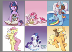 Size: 1984x1417 | Tagged: safe, artist:alasou, derpibooru import, applejack, fluttershy, pinkie pie, rainbow dash, rarity, scootaloo, smarty pants, twilight sparkle, twilight sparkle (alicorn), alicorn, earth pony, pegasus, pony, rabbit, unicorn, :3, :p, apron, baking, batter, bed, blushing, book, chef's hat, clothes, cushion, cute, ear fluff, floppy ears, flour, flour sack, food, glowing horn, happy, hat, hug, levitation, looking at you, looking back, magic, mane six, mixing, mouth hold, needle, one eye closed, open mouth, pillow, pincushion, plushie, prone, quill, sewing, sitting, smiling, spoon, telekinesis, tongue out, watch, wink