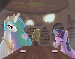 Size: 1400x1100 | Tagged: artist needed, safe, princess celestia, twilight sparkle, alicorn, pony, golden oaks library, library, tea