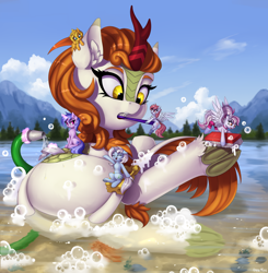 Size: 3000x3063 | Tagged: safe, artist:lightly-san, autumn blaze, sea swirl, seafoam, oc, oc:eula phi, oc:evening skies, oc:lightly breeze, oc:windbreaker, kirin, pegasus, pony, unicorn, bathing, cute, female, hose, mare, micro, scrubbing, size difference, soap bubble, toothbrush, underhoof, washing, water