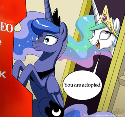 Size: 643x600 | Tagged: safe, artist:johnjoseco, princess celestia, princess luna, alicorn, pony, adopted offspring, crown, detailed background, dialogue, door, duo, duo female, exploitable meme, female, females only, horn, jewelry, mare, meme, multicolored mane, neo geo celestia, open mouth, purple coat, regalia, royal sisters, siblings, signature, sisters, sitting, smiling, speech bubble, talking to each other, trollestia, two toned mane, two toned tail, white coat, wings, you're adopted