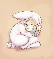 Size: 950x1050 | Tagged: safe, artist:alasou, derpibooru import, oc, oc only, oc:bree, earth pony, pony, animal costume, bunny costume, clothes, costume, cute, eyes closed, heart, kigurumi, plushie, sleeping, solo