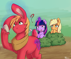 Size: 1500x1250 | Tagged: safe, artist:alasou, derpibooru import, applejack, big macintosh, twilight sparkle, twilight sparkle (alicorn), alicorn, earth pony, pony, rabbit, alternate cutie mark, bunnified, bunny ears, cute, female, freckles, glowing horn, hiding, magic, magic bunny ears, male, mare, missing accessory, prank, question mark, signature, smiling, species swap, stallion, tongue out, trio, what has magic done