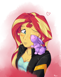 Size: 800x1000 | Tagged: safe, artist:alasou, derpibooru import, sunset shimmer, twilight sparkle, rabbit, equestria girls, blushing, breasts, bunnified, bunny sparkle, cleavage, clothes, cute, duo, female, heart, jacket, nuzzling, one eye closed, species swap