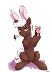 Size: 1200x1650 | Tagged: safe, artist:alasou, derpibooru import, oc, oc only, oc:cherry cordial, earth pony, pony, brush, bunny ears, chocolate, commission, cute, easter, easter egg, food, holiday, looking at you, male, ribbon, simple background, solo, stallion