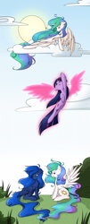 Size: 950x2340 | Tagged: safe, artist:secret-pony, princess celestia, princess luna, twilight sparkle, alicorn, pony, artificial wings, augmented, cloud, cloudy, crying, magic, magic wings, wings