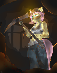 Size: 1375x1750 | Tagged: safe, artist:alasou, derpibooru import, fluttershy, anthro, abs, clothes, dirty, midriff, miner, overalls, pickaxe, solo, sports bra