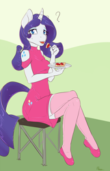 Size: 1450x2248 | Tagged: safe, artist:alasou, derpibooru import, rarity, anthro, plantigrade anthro, unicorn, alternative cutie mark placement, clothes, crossed legs, eyeshadow, female, food, fork, looking at you, makeup, mare, pie, question mark, sitting, solo, stockings, thigh highs