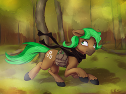 Size: 1800x1350 | Tagged: safe, artist:alasou, derpibooru import, oc, oc only, oc:jaeger sylva, clothes, forest, running, saddle bag, scarf, solo