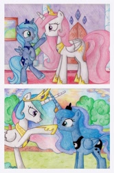 Size: 1737x2612 | Tagged: safe, artist:nancyksu, princess celestia, princess luna, alicorn, pony, boop, cross-eyed, cute, cutelestia, eye contact, frown, looking at each other, lunabetes, open mouth, pink-mane celestia, smiling, traditional art, woona, younger