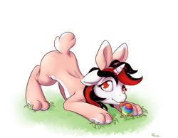 Size: 1024x793 | Tagged: safe, artist:alasou, derpibooru import, oc, oc only, oc:blackjack, pony, unicorn, fallout equestria, fallout equestria: project horizons, animal costume, bunny costume, clothes, colored pupils, costume, easter, easter egg, egg, face down ass up, female, floppy ears, holiday, licking, looking at you, looking up, mare, simple background, solo, tongue out, white background, ych result