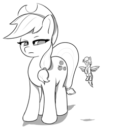 Size: 2048x2188 | Tagged: safe, artist:woodsideworks, applejack, rainbow dash, earth pony, pegasus, pony, big-apple-pony, duo, female, flying, grayscale, inktober, inktober 2019, macro, monochrome, simple background, size difference