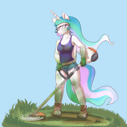 Size: 2400x2400 | Tagged: safe, artist:alasou, derpibooru import, princess celestia, alicorn, anthro, plantigrade anthro, breasts, cleavage, clothes, converse, dirty, female, gloves, goggles, grass, high res, hilarious in hindsight, looking at you, mare, princess breastia, safety goggles, shoes, shorts, sneakers, solo, weed whacker