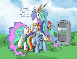 Size: 1170x900 | Tagged: safe, artist:php58, edit, princess celestia, rainbow dash, alicorn, pegasus, pony, butt, celestia's grave meme, crying, dead meme, exploitable meme, female, grave, implied death, mare, meme, plot, recursion