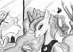 Size: 700x500 | Tagged: safe, artist:tan, princess celestia, princess luna, alicorn, pony, brush, gamer luna, grayscale, magic, makeover, monochrome, pixiv, reflection, singing