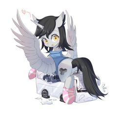 Size: 1400x1300 | Tagged: source needed, safe, artist:巷羽猫, oc, oc only, oc:taikongjiyi, alicorn, pony, alicorn oc, black mane, bus, butt, clothes, female, giant alicorn, giant alicorn is loven it, grey skin, horn, looking at you, looking back, looking back at you, lying down, macro, sad face, simple background, socks, solo, striped socks, tongue out, white background, wings