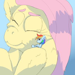 Size: 792x792 | Tagged: safe, artist:firefanatic, fluttershy, rainbow dash, pegasus, pony, :3, affection, cheek rub, cuddling, fluffy, hug, macro, nuzzling, size difference