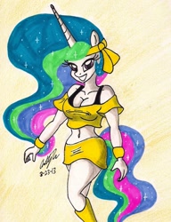 Size: 1132x1472 | Tagged: safe, artist:newyorkx3, princess celestia, anthro, belly button, cleavage, clothes, female, midriff, skirt, solo, traditional art